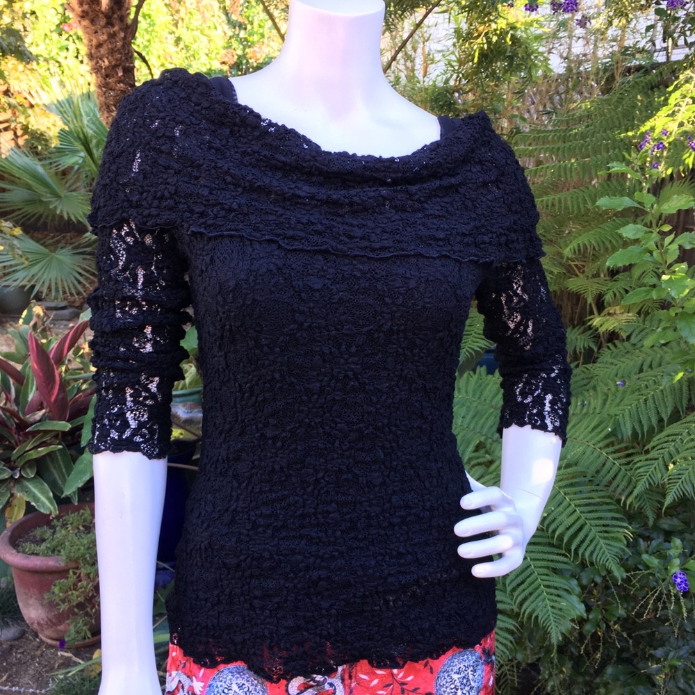 Black Lacy Bare-Shoulder Cowl-Neck Sweater
